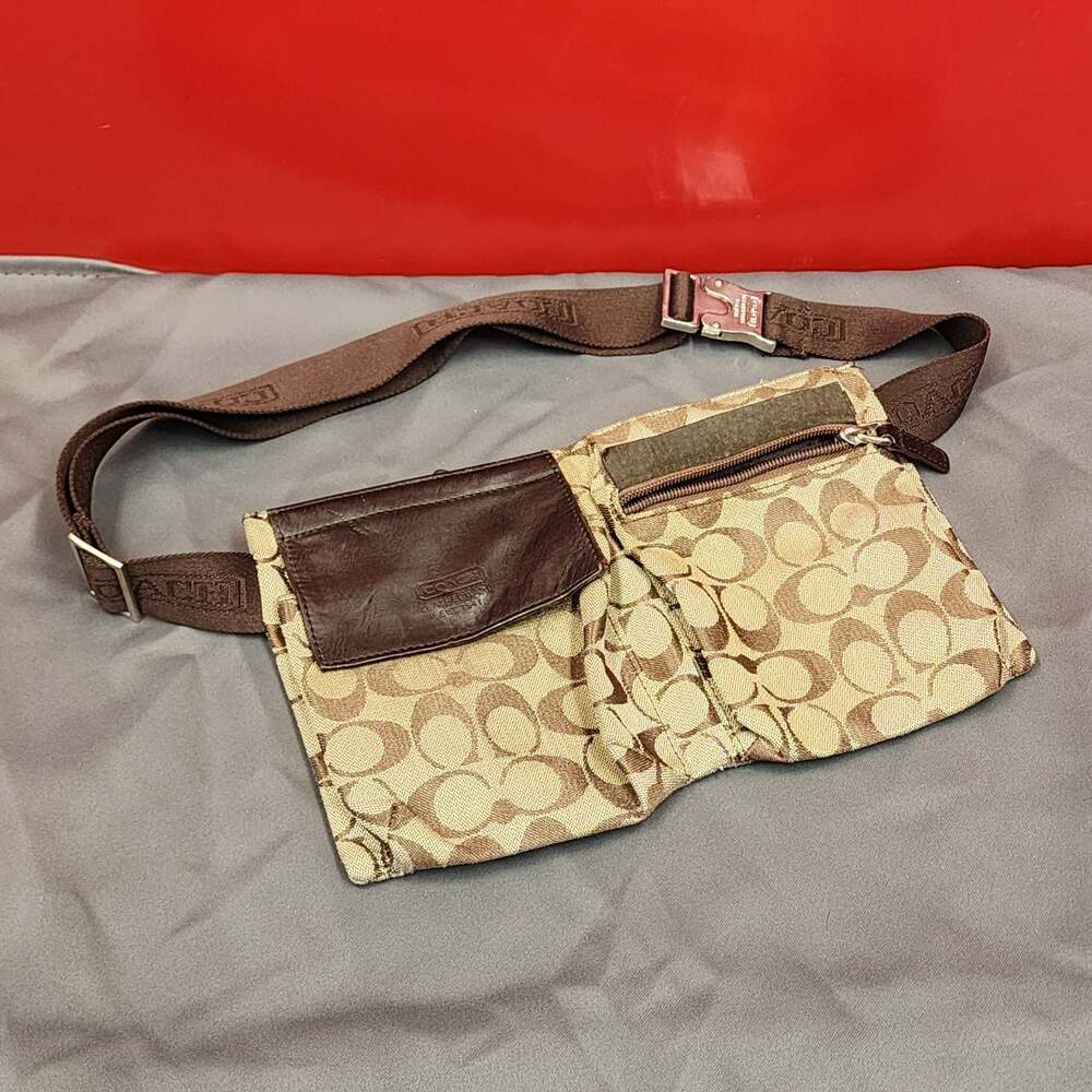 Coach Signature C Monogram Canvas and Leather Belt Bag Fanny Pack Brown